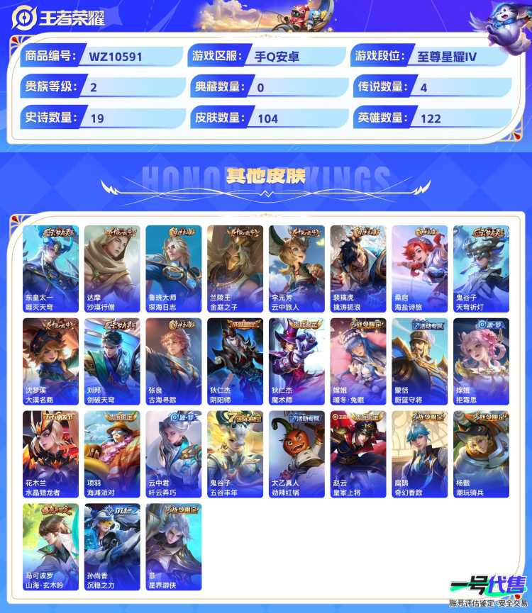 安卓QQ 122英雄 161皮肤 贵族等级6  无双飞将 梁祝 无心 电玩·爆裂旋风 绅士熊喵 金属风暴 魅力维加斯 拒霜思 水果甜心 蔷薇恋人 孙行者 鬼剑武藏 乱世虎臣 驭风魔法 奇幻香踪 ...