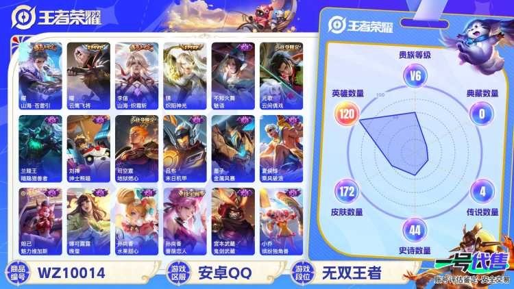 安卓QQ 120英雄 172皮肤 贵族等级6  山海·苍雷引 云鹰飞将 山海·炽霜斩 炽阳神光 魅语 云间偶戏 暗隐猎兽者 绅士熊喵 地狱燃心 末日机甲 金属风暴 乘风破浪 魅力维加斯 晚萤 水...