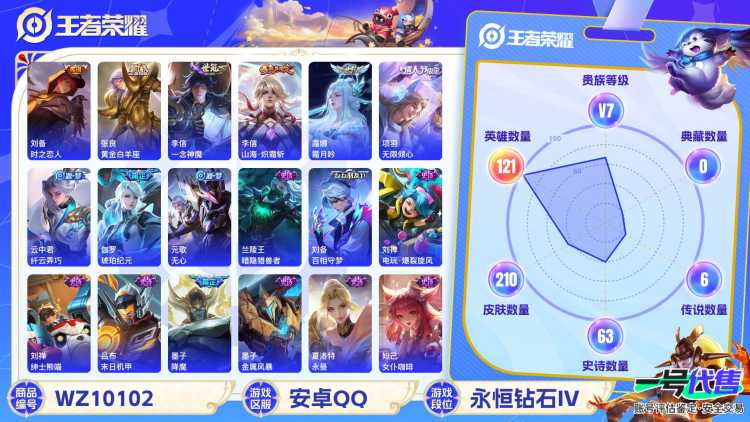 安卓QQ 121英雄 210皮肤 贵族等级7  时之恋人 黄金白羊座 一念神魔 山海·炽霜斩 霜月吟 无限倾心 纤云弄巧 琥珀纪元 无心 暗隐猎兽者 百相守梦 电玩·爆裂旋风 绅士熊喵 末日机甲...