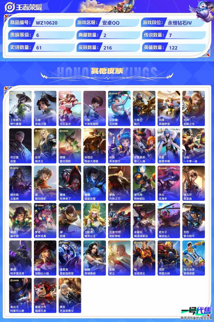 安卓QQ 122英雄 216皮肤 贵族等级6 已兑换荣耀水晶数2  全息碎影 九霄神辉 时之恋人 黄金射手座 音你心动 久胜战神 凤求凰 鸣野蒿 淬星耀世 天狼绘梦者 纤云弄巧 心灵战警 箭羽风...