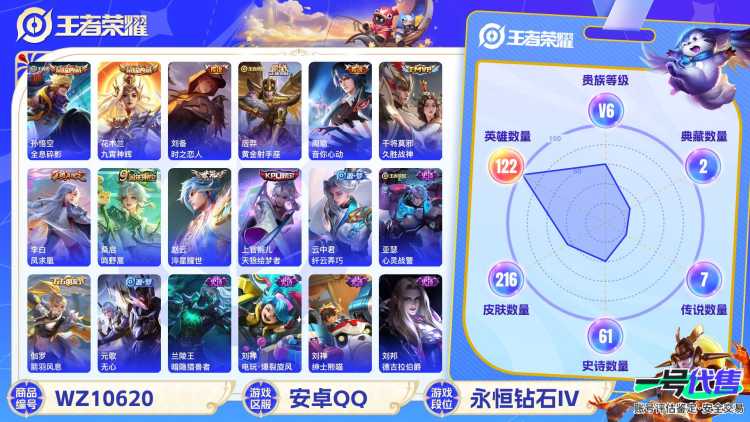 安卓QQ 122英雄 216皮肤 贵族等级6 已兑换荣耀水晶数2  全息碎影 九霄神辉 时之恋人 黄金射手座 音你心动 久胜战神 凤求凰 鸣野蒿 淬星耀世 天狼绘梦者 纤云弄巧 心灵战警 箭羽风...