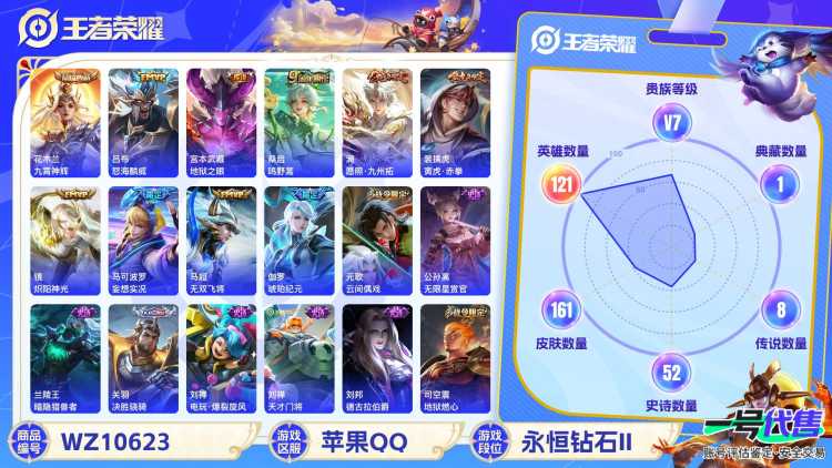 苹果QQ 121英雄 161皮肤 贵族等级7 已兑换荣耀水晶数1  九霄神辉 怒海麟威 地狱之眼 鸣野蒿 愿照·九州拓 寅虎·赤拳 炽阳神光 妄想实况 无双飞将 琥珀纪元 云间偶戏 无限星赏官 ...