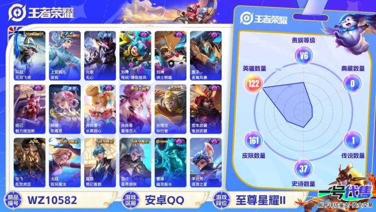安卓QQ 122英雄 161皮肤 贵族等级6  无双飞将 梁祝 无心 电玩·爆裂旋风 绅士熊喵 金属风暴 魅力维加斯 拒霜思 水果甜心 蔷薇恋人 孙行者 鬼剑武藏 乱世虎臣 驭风魔法 奇幻香踪 ...