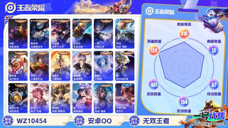 安卓QQ 124英雄 461皮肤 贵族等级10 已兑换荣耀水晶数14  赤影疾锋 无限飓风号 杀手不太冷 全息碎影 天鹅之梦 鸣剑·曳影 活力突击 大秦宣太后 九霄神辉 星域神启 幻阙歌 银白咏...