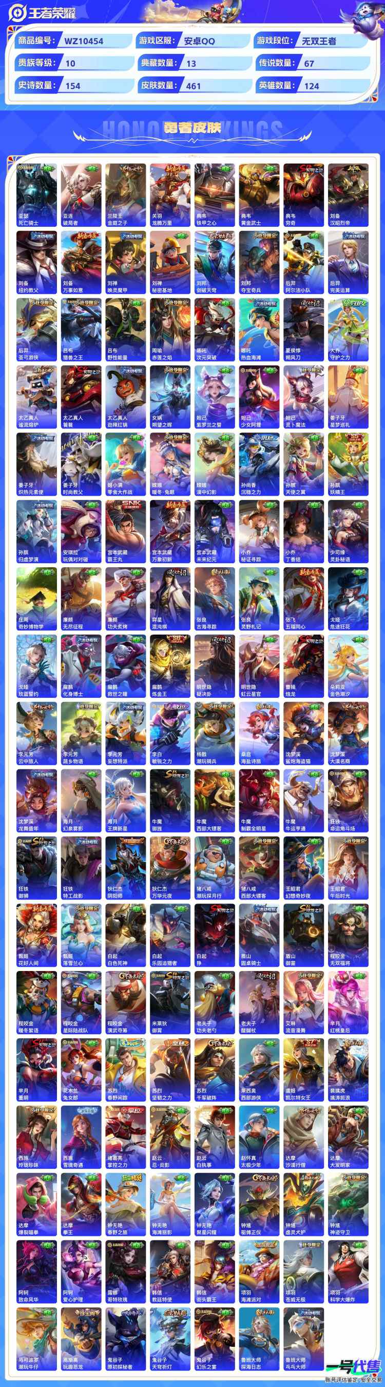 安卓QQ 124英雄 461皮肤 贵族等级10 已兑换荣耀水晶数14  赤影疾锋 无限飓风号 杀手不太冷 全息碎影 天鹅之梦 鸣剑·曳影 活力突击 大秦宣太后 九霄神辉 星域神启 幻阙歌 银白咏...