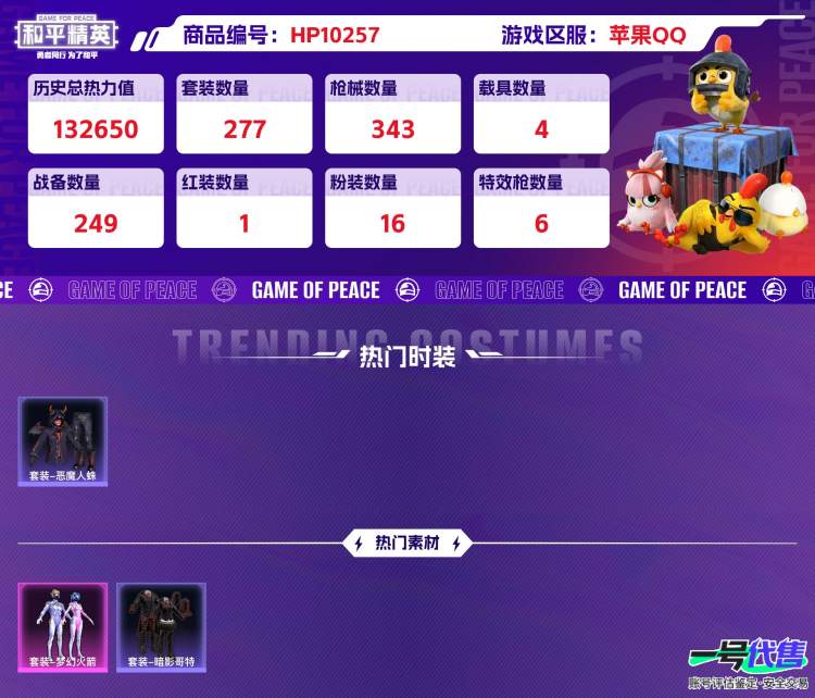 苹果QQ 历史总热力值:132650 红装数量:1 粉装数量:16 特效枪数量:6 载具数量:4 王牌印记:13 历史最高段位:超级王牌8星 套装数量:277 时装数量:1069 枪械数量:34...