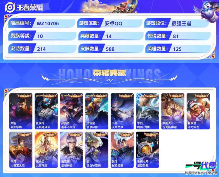 安卓QQ 125英雄 588皮肤 贵族等级10 已兑换荣耀水晶数15  赤影疾锋 无限飓风号 杀手不太冷 全息碎影 天鹅之梦 鸣剑·曳影 倪克斯神谕 活力突击 大秦宣太后 九霄神辉 星域神启 银...