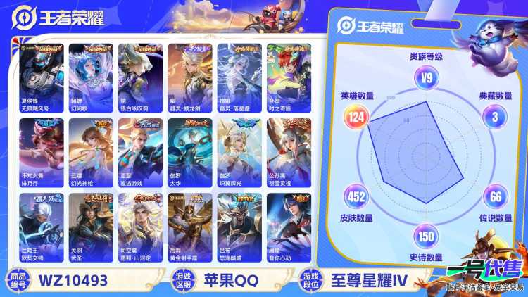 苹果QQ 124英雄 452皮肤 贵族等级9 已兑换荣耀水晶数3  无限飓风号 幻阙歌 银白咏叹调 器灵·螭龙剑 器灵·落星盏 时之奇旅 绯月行 幻光神枪 追逃游戏 太华 炽翼辉光 祈雪灵祝 默...