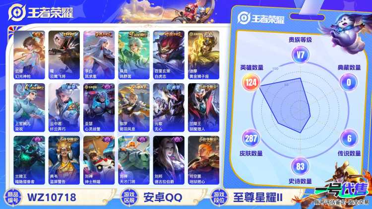 安卓QQ 124英雄 287皮肤 贵族等级7  幻光神枪 云鹰飞将 凤求凰 鸣野蒿 白虎志 黄金狮子座 梁祝 纤云弄巧 心灵战警 箭羽风息 无心 驯魔猎人 暗隐猎兽者 蓝屏警告 绅士熊喵 天才门...