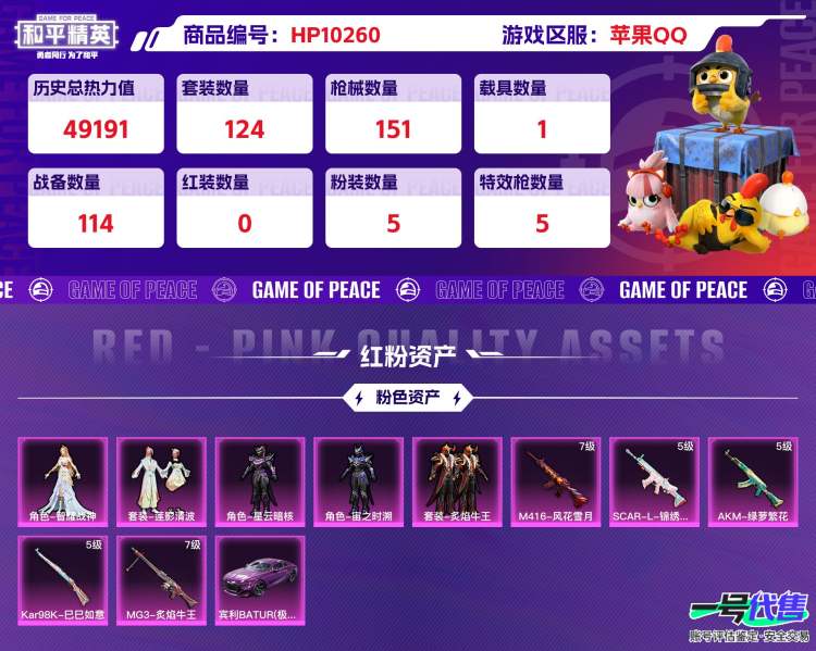 苹果QQ 历史总热力值:49191 粉装数量:5 特效枪数量:5 载具数量:1 王牌印记:11 历史最高段位:传奇王牌15星 套装数量:124 时装数量:469 枪械数量:151 战备数量:11...