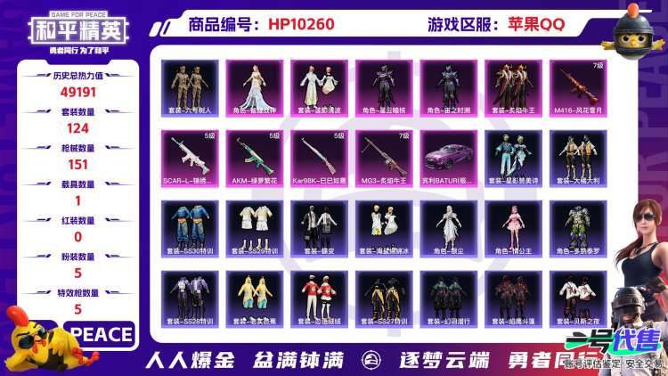 苹果QQ 历史总热力值:49191 粉装数量:5 特效枪数量:5 载具数量:1 王牌印记:11 历史最高段位:传奇王牌15星 套装数量:124 时装数量:469 枪械数量:151 战备数量:11...