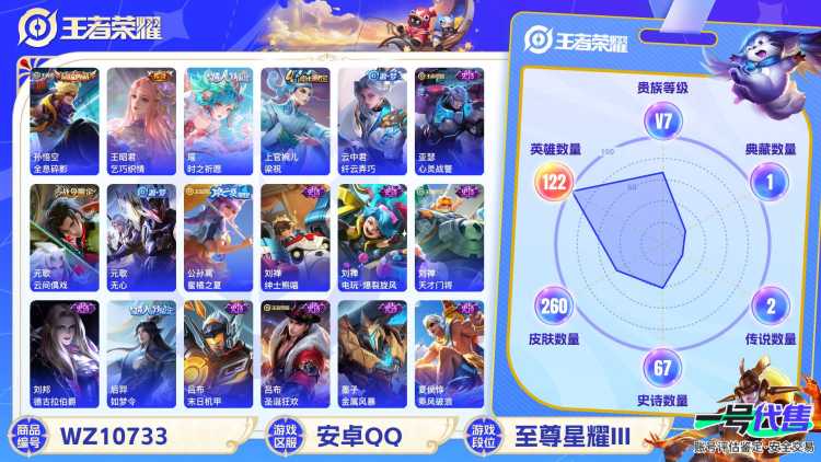 安卓QQ 122英雄 260皮肤 贵族等级7 已兑换荣耀水晶数1  全息碎影 乞巧织情 时之祈愿 梁祝 纤云弄巧 心灵战警 云间偶戏 无心 蜜橘之夏 绅士熊喵 电玩·爆裂旋风 天才门将 德古拉伯...