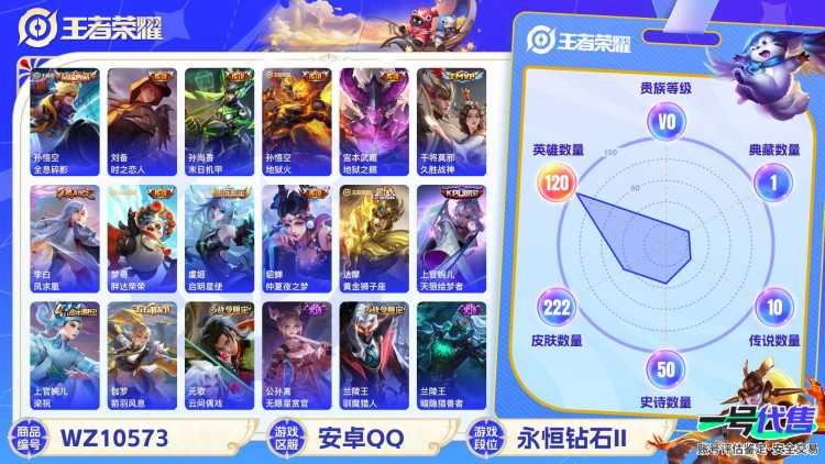 安卓QQ 120英雄 222皮肤 已兑换荣耀水晶数1  全息碎影 时之恋人 末日机甲 地狱火 地狱之眼 久胜战神 凤求凰 胖达荣荣 启明星使 仲夏夜之梦 黄金狮子座 天狼绘梦者 梁祝 箭羽风息 ...