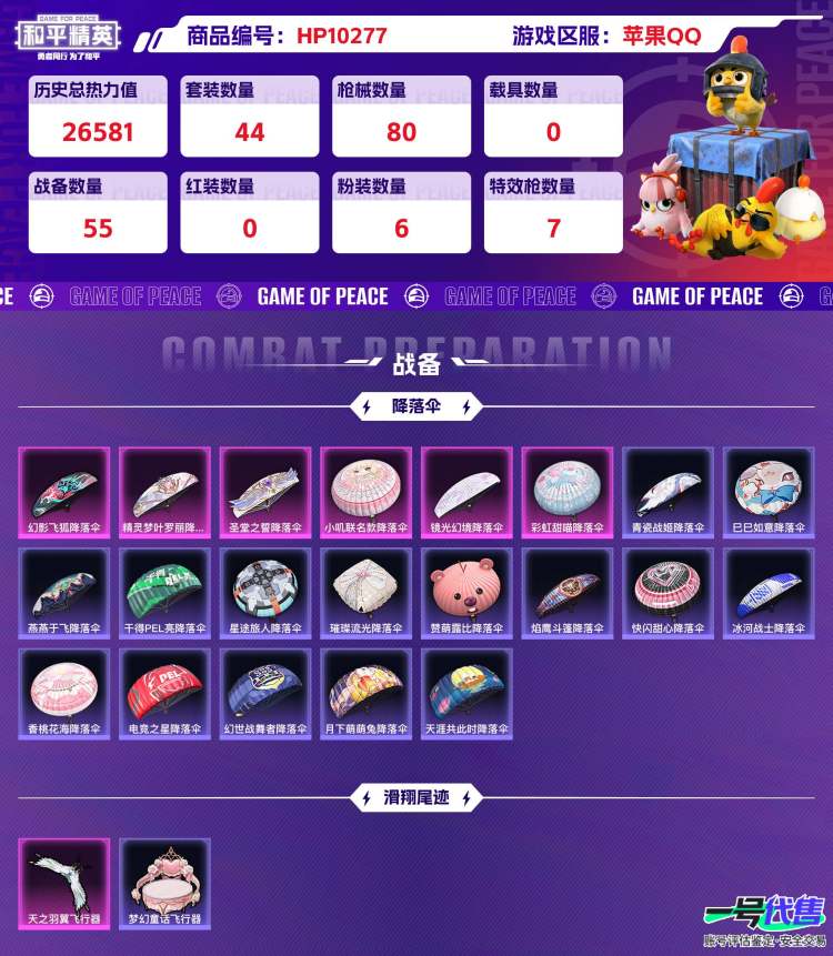 苹果QQ 历史总热力值:26581 粉装数量:6 特效枪数量:7 王牌印记:1 历史最高段位:超级王牌 套装数量:44 时装数量:162 枪械数量:80 战备数量:55 装备数量:103 时装:...