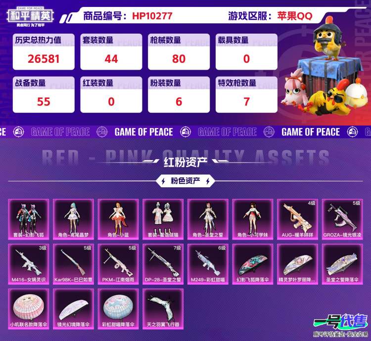 苹果QQ 历史总热力值:26581 粉装数量:6 特效枪数量:7 王牌印记:1 历史最高段位:超级王牌 套装数量:44 时装数量:162 枪械数量:80 战备数量:55 装备数量:103 时装:...