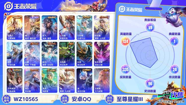 安卓QQ 124英雄 335皮肤 贵族等级8 已兑换荣耀水晶数1  九霄神辉 器灵·螭龙剑 兔狲·蓬尾 祈雪灵祝 云诺千山 愿照·山河定 千劫归真 愿照·千秋盛 愿照·众生和 末日机甲 末日机甲...