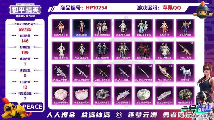 苹果QQ 历史总热力值:69785 粉装数量:12 特效枪数量:7 载具数量:1 王牌印记:11 历史最高段位:卓越王牌9星 套装数量:146 时装数量:528 枪械数量:199 战备数量:14...