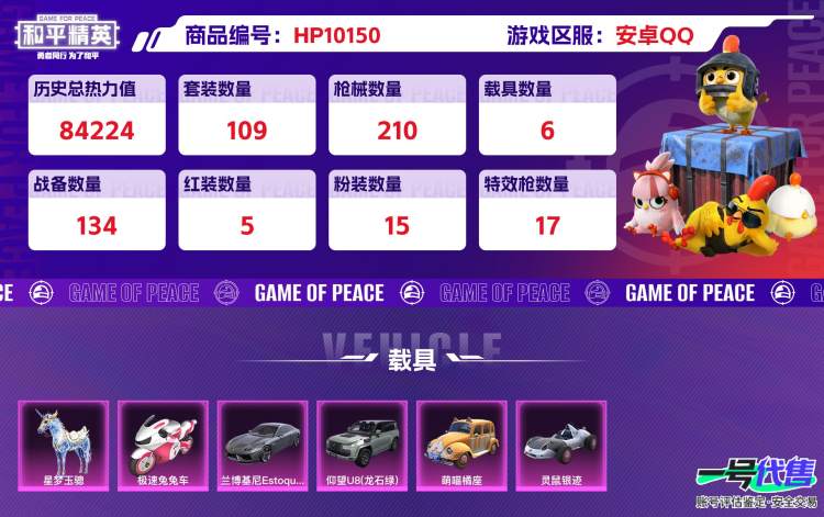 安卓QQ和平王者连体号3典藏2无双39传说271皮差15000积分贵10历史总热力值:84224 红装数量:5 粉装数量:15 特效枪数量:17 载具数量:6 王牌印记:5 历史最高段位:超级王牌9星
