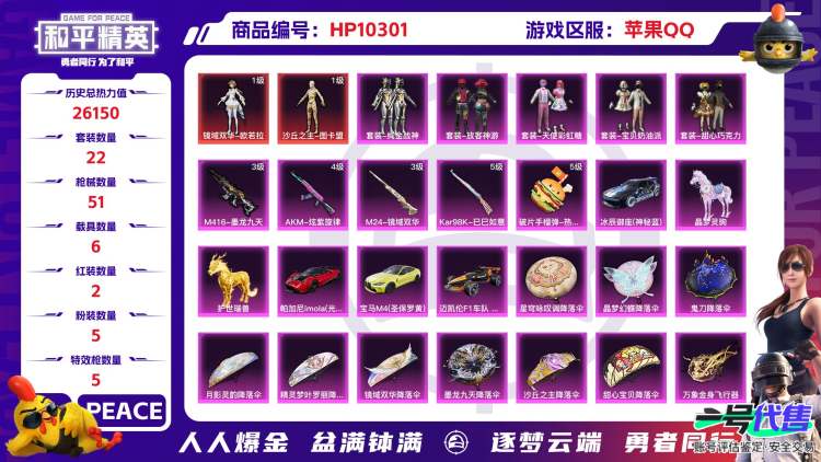 苹果QQ 历史总热力值:26150 红装数量:2 粉装数量:5 特效枪数量:5 载具数量:6 王牌印记:2 历史最高段位:超级王牌10星 套装数量:22 时装数量:90 枪械数量:51 战备数量...