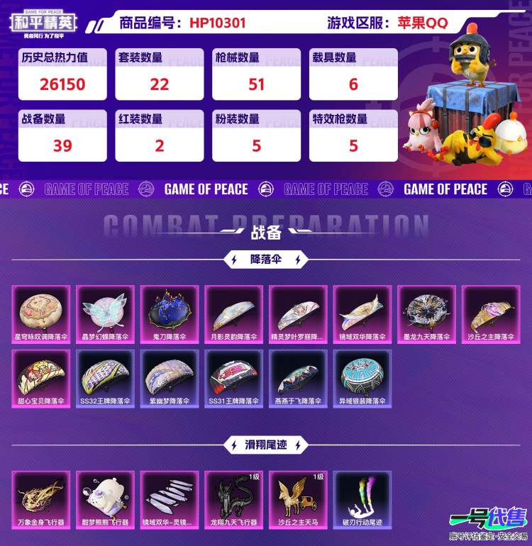 苹果QQ 历史总热力值:26150 红装数量:2 粉装数量:5 特效枪数量:5 载具数量:6 王牌印记:2 历史最高段位:超级王牌10星 套装数量:22 时装数量:90 枪械数量:51 战备数量...