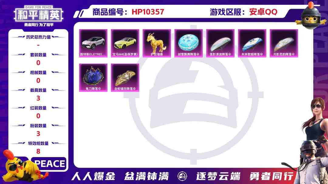 和平精英账号安卓QQBZ605462 【宝马m43载具+8枪皮+3粉装可二】 热力值44155 粉装数量3 特效枪数量8 【可包赔】 【可二次实名】 【无防沉迷】 角色套装79 武器皮肤90 载具3 角色套装：套装-黑