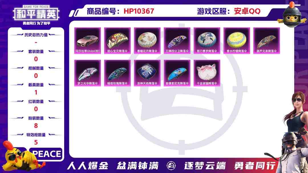 和平精英账号安卓QQBZ605966 【【火箭少女-小丑鱼--小熊背包-4把7级满级枪+8粉装+5粉枪+1载具】】 热力值66282 粉装数量8 特效枪数量5 【可包赔】 【可二次实名】 【无防沉迷】 角色套装133 