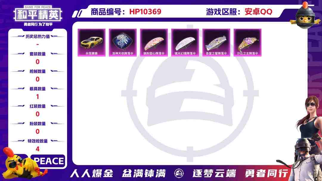 和平精英账号安卓QQBZ606134 【【无敌战神-1载具+4粉装】】 热力值32110 粉装数量0 特效枪数量4 【可包赔】 【可二次实名】 【无防沉迷】 角色套装67 武器皮肤82 载具1 角色套装：套装-竞技名士