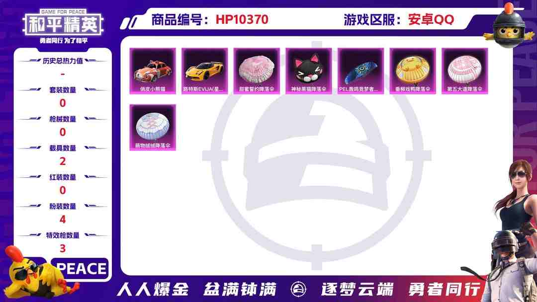 和平精英账号安卓QQBZ606145 【都市猎人4粉装+3枪皮+2载具可二】 热力值52715 粉装数量4 特效枪数量3 【可包赔】 【可二次实名】 【无防沉迷】 角色套装110 武器皮肤117 载具1 角色套装：套装