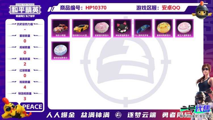 BZ606145 【都市猎人4粉装+3枪皮+2载具可二】 热力值52715 粉装数量4 特效枪数量3 【可包赔】 【可二次实名】 【无防沉迷】 角色套装110 武器皮肤117 载具1 角色套装：套装