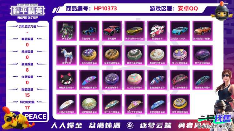 BZ606413 【【无敌战神-图卡盟-银河战士-奇异狩猎者-小熊背包 -火箭少女-红螳螂-9级至情至圣-黄金玛莎拉蒂+15粉装+17粉装 +8载具】】 热力值90688 粉装数量15 特效枪数量1