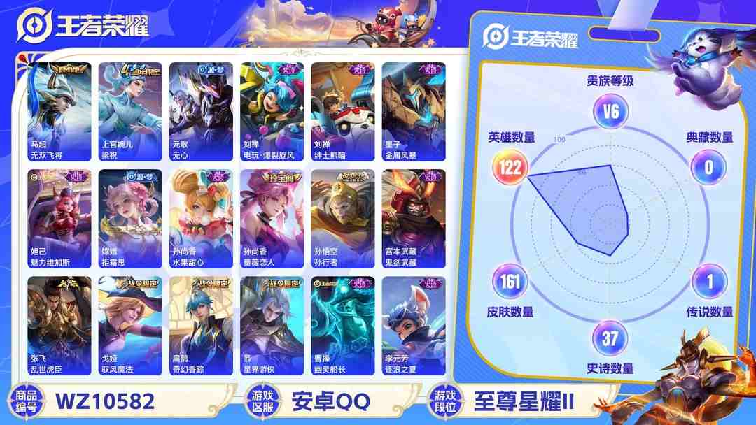 王者荣耀账号安卓QQ安卓QQ 122英雄 161皮肤 贵族等级6  无双飞将 梁祝 无心 电玩·爆裂旋风 绅士熊喵 金属风暴 魅力维加斯 拒霜思 水果甜心 蔷薇恋人 孙行者 鬼剑武藏 乱世虎臣 驭风魔法 奇幻香踪 ...
