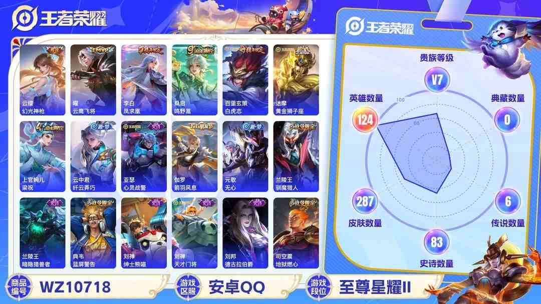 王者荣耀账号安卓QQ安卓QQ 124英雄 287皮肤 贵族等级7  幻光神枪 云鹰飞将 凤求凰 鸣野蒿 白虎志 黄金狮子座 梁祝 纤云弄巧 心灵战警 箭羽风息 无心 驯魔猎人 暗隐猎兽者 蓝屏警告 绅士熊喵 天才门...