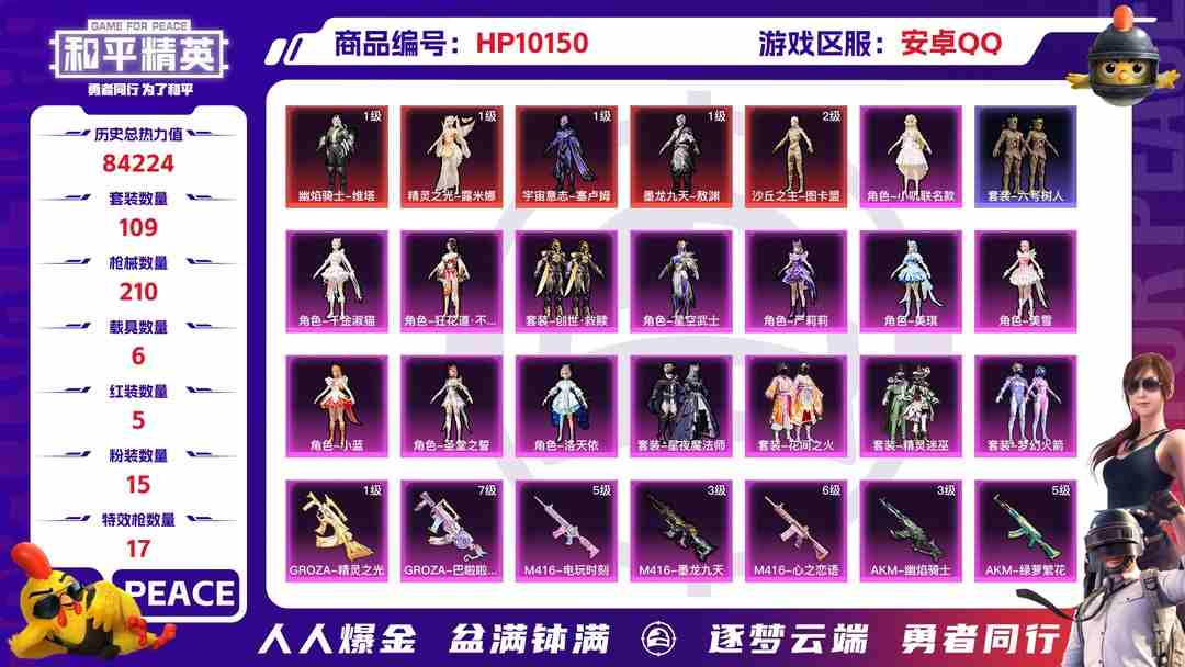 和平精英账号安卓QQ安卓QQ和平王者连体号3典藏2无双39传说271皮差15000积分贵10历史总热力值:84224 红装数量:5 粉装数量:15 特效枪数量:17 载具数量:6 王牌印记:5 历史最高段位:超级王牌9星
