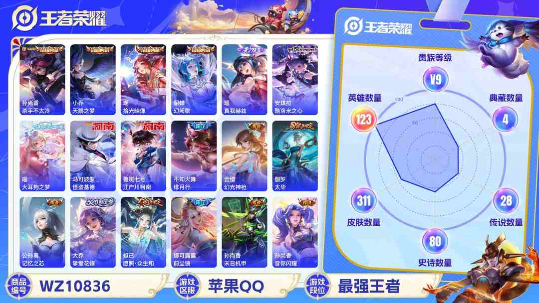王者荣耀账号苹果QQ苹果QQ 123英雄 311皮肤 贵族等级9 已兑换荣耀水晶数4  杀手不太冷 天鹅之梦 拾光映像 幻阙歌 真我赫兹 酷洛米之心 大耳狗之梦 怪盗基德 江户川柯南 绯月行 幻光神枪 太华 记忆之...
