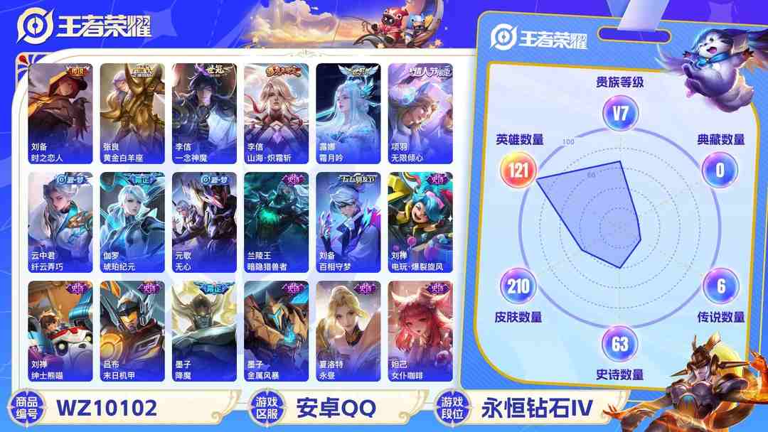王者荣耀账号安卓QQ安卓QQ 121英雄 210皮肤 贵族等级7  时之恋人 黄金白羊座 一念神魔 山海·炽霜斩 霜月吟 无限倾心 纤云弄巧 琥珀纪元 无心 暗隐猎兽者 百相守梦 电玩·爆裂旋风 绅士熊喵 末日机甲...