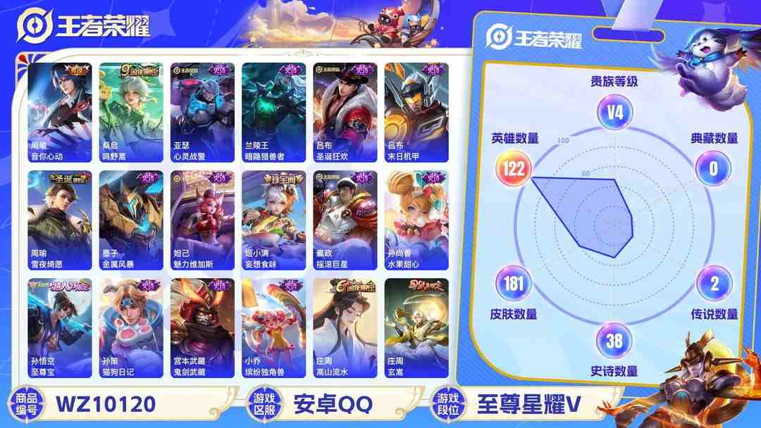 王者荣耀账号安卓QQ安卓QQ 122英雄 181皮肤 贵族等级4  音你心动 鸣野蒿 心灵战警 暗隐猎兽者 圣诞狂欢 末日机甲 雪夜绮愿 金属风暴 魅力维加斯 妄想食味 摇滚巨星 水果甜心 至尊宝 猫狗日记 鬼剑武...
