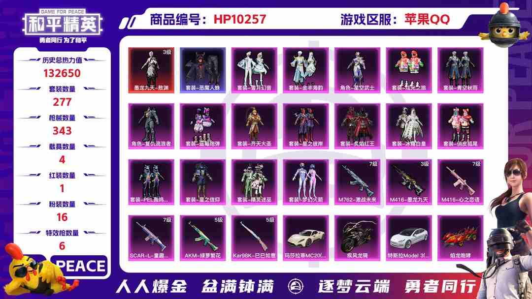 和平精英账号苹果QQ苹果QQ 历史总热力值:132650 红装数量:1 粉装数量:16 特效枪数量:6 载具数量:4 王牌印记:13 历史最高段位:超级王牌8星 套装数量:277 时装数量:1069 枪械数量:34...