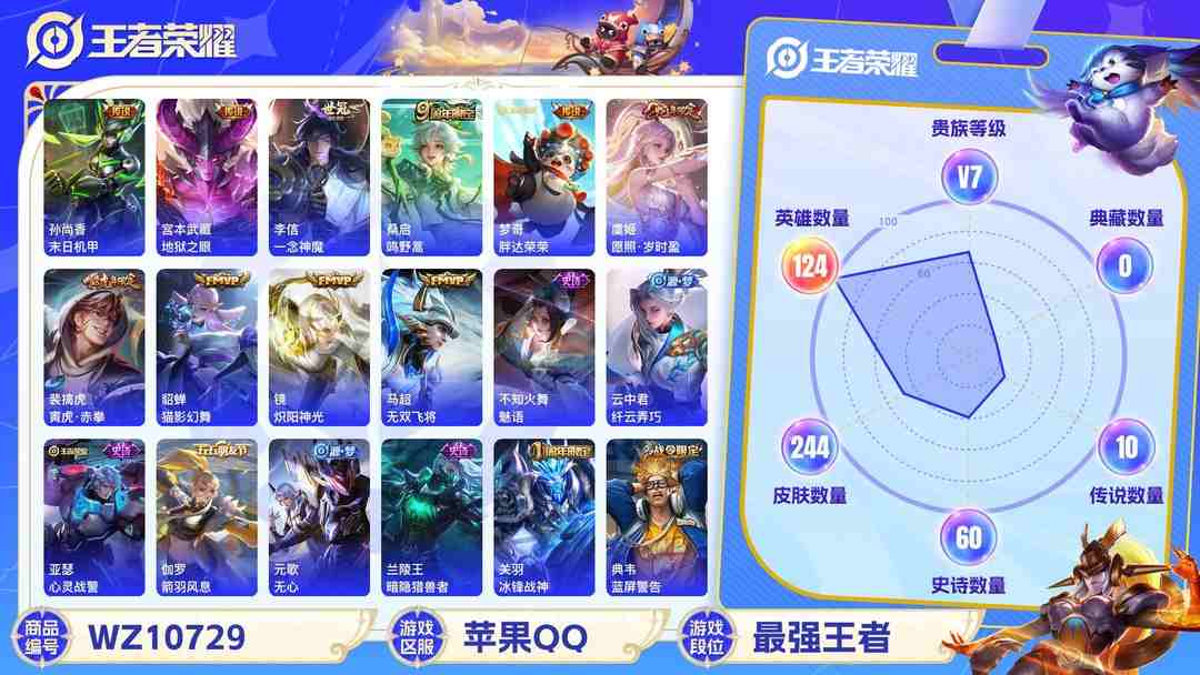 王者荣耀账号苹果QQ苹果QQ 124英雄 244皮肤 贵族等级7  末日机甲 地狱之眼 一念神魔 鸣野蒿 胖达荣荣 愿照·岁时盈 寅虎·赤拳 猫影幻舞 炽阳神光 无双飞将 魅语 纤云弄巧 心灵战警 箭羽风息 无心 ...