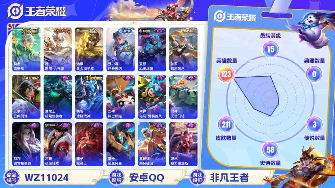 王者荣耀账号安卓QQ安卓QQ 123英雄 211皮肤 贵族等级5  鸣野蒿 愿照·九州拓 黄金狮子座 纤云弄巧 心灵战警 箭羽风息 云间偶戏 暗隐猎兽者 冰锋战神 绅士熊喵 电玩·爆裂旋风 天才门将 德古拉伯爵 圣...