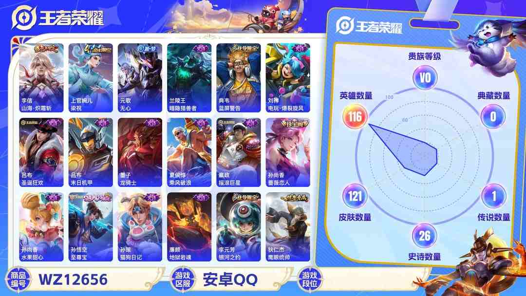 王者荣耀账号安卓QQ安卓QQ 116英雄 121皮肤  山海·炽霜斩 梁祝 无心 暗隐猎兽者 蓝屏警告 电玩·爆裂旋风 圣诞狂欢 末日机甲 龙骑士 乘风破浪 摇滚巨星 蔷薇恋人 水果甜心 至尊宝 猫狗日记 地狱岩魂...