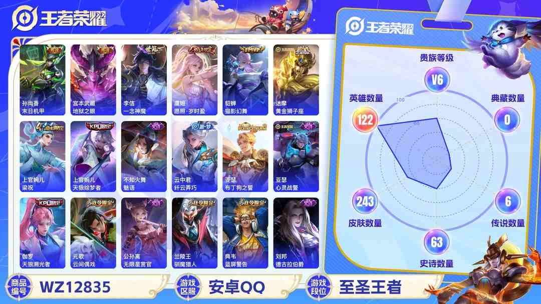 王者荣耀账号安卓QQ安卓QQ 122英雄 243皮肤 贵族等级6  末日机甲 地狱之眼 一念神魔 愿照·岁时盈 猫影幻舞 黄金狮子座 梁祝 天狼绘梦者 魅语 纤云弄巧 布丁狗之誓 心灵战警 天狼溯光者 云间偶戏 无...