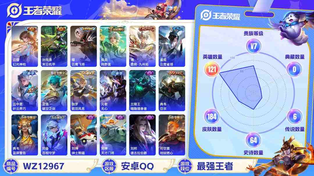 王者荣耀账号安卓QQ安卓QQ 121英雄 184皮肤 贵族等级7  幻光神枪 末日机甲 云鹰飞将 鸣野蒿 愿照·九州拓 云霓雀翎 纤云弄巧 破空之剑 箭羽风息 无心 暗隐猎兽者 岱宗 蓝屏警告 百相守梦 绅士熊喵 ...