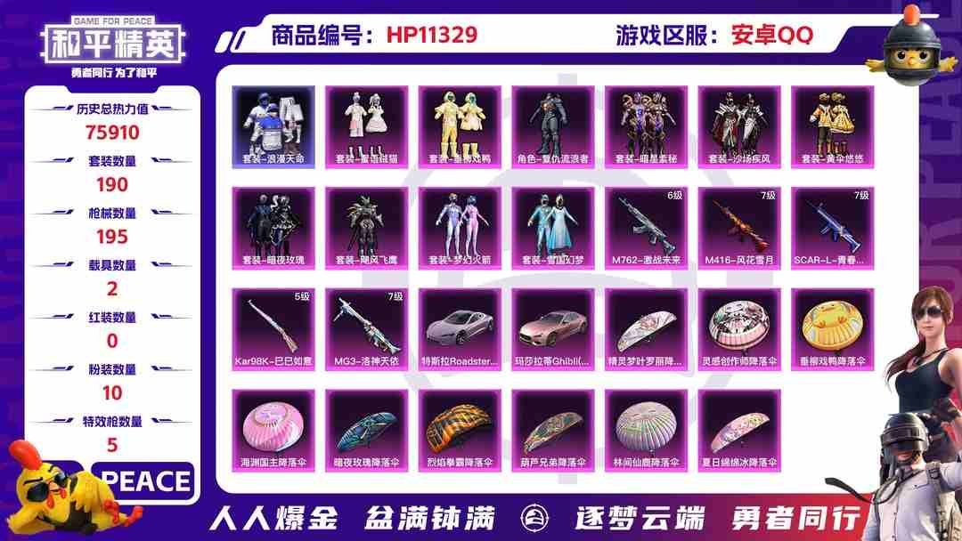 和平精英账号安卓QQ安卓QQ 粉装数量:10 特效枪数量:5 载具数量:2  雪国新101蓝螳螂都市暗影哥特小丑鱼赛罗凹凸曼猫包缺一级