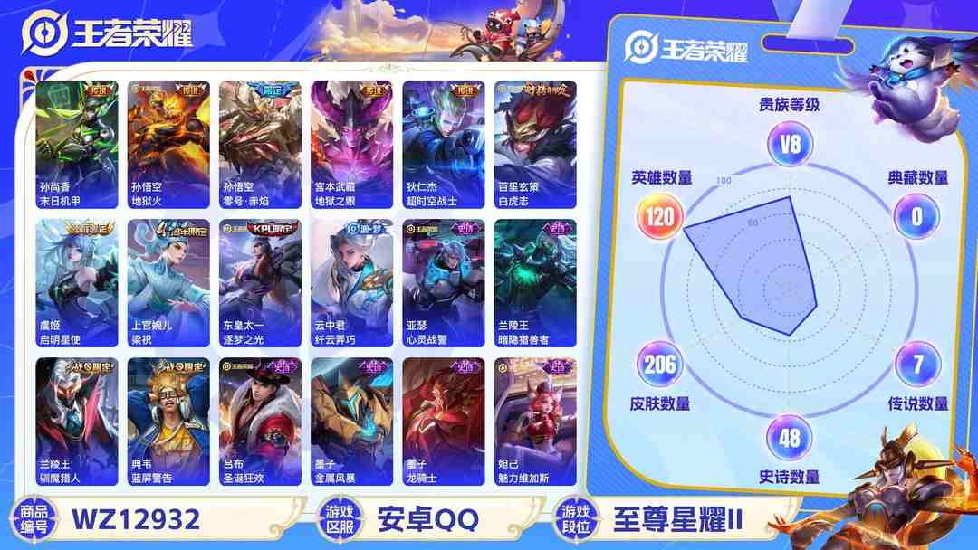 王者荣耀账号安卓QQ安卓QQ 120英雄 206皮肤 贵族等级8  末日机甲 地狱火 零号·赤焰 地狱之眼 超时空战士 白虎志 启明星使 梁祝 逐梦之光 纤云弄巧 心灵战警 暗隐猎兽者 驯魔猎人 蓝屏警告 圣诞狂欢...