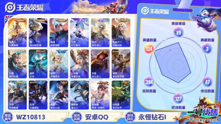 安卓QQ 124英雄 394皮肤 贵族等级9 已兑换荣耀水晶数3  九霄神辉 银白咏叹调 弑枪猎影 时之魔女 碎月剑心 灼幽烈阳 鹤归松栖 太华 炽翼辉光 祈雪灵祝 时之恋人 黄金射手座 怒海麟...