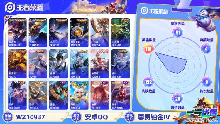 安卓QQ 110英雄 152皮肤 贵族等级1 已兑换荣耀水晶数4  杀手不太冷 全息碎影 天鹅之梦 星空梦想 祈雪灵祝 末日机甲 地狱火 凤求凰 云霓雀翎 启明星使 武陵仙君 猫影幻舞 仲夏夜之...