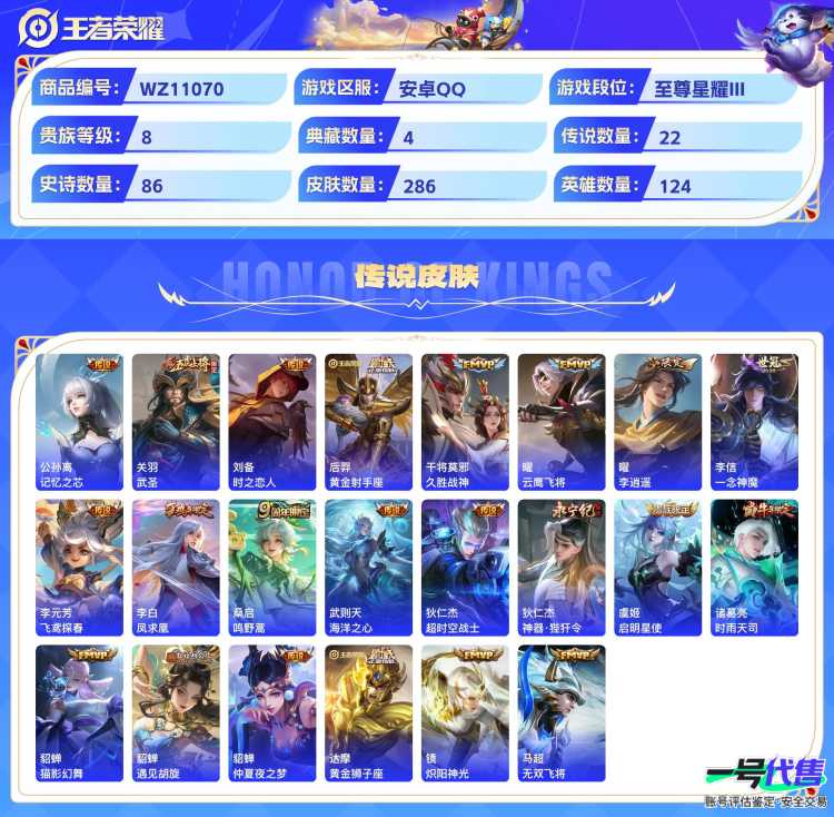 安卓QQ 124英雄 286皮肤 贵族等级8 已兑换荣耀水晶数5  无限飓风号 杀手不太冷 全息碎影 鸣剑·曳影 记忆之芯 武圣 时之恋人 黄金射手座 久胜战神 云鹰飞将 李逍遥  一念神魔 飞...