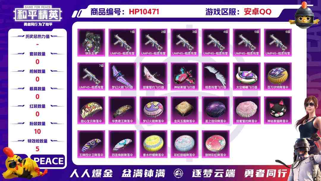 和平精英账号安卓QQBZ609910 【【连体使命+王者+金铲铲-火箭少女-奇异-都市+10粉装+5粉枪 】】 热力值80461 粉装数量10 特效枪数量5 【可包赔】 【可二次实名】 【有防沉迷】 【否】 角色套装1