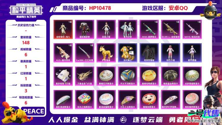 【HP212】148套装/枪械6/装备233/载具1/战备180/王牌印记11/热力值61094/五级AKM-绿萝繁花/三级SCAR-L-金蛇镇世/五级M416-电玩时刻/五级GROZA-镜光银凌/