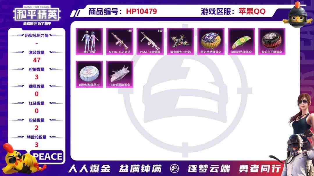 和平精英账号苹果QQ【HP215】47套装/枪械3/装备91/战备62/王牌印记4/热力值24181/六级M416-心之恋语/四级Famas-初号机 觉醒Ver./五级PKM-江南烟雨/梦幻火箭/角色-Mark.06/